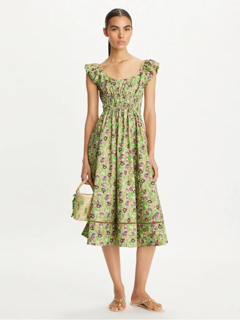 Tory Burch Floral Print Smocked Waist Midi Poplin Dress Green Size XS S